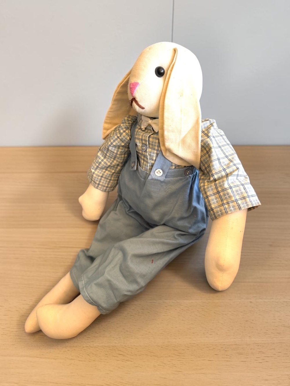 Vintage Handmade Cloth Bunny Doll in Blue Overalls and Plaid Shirt